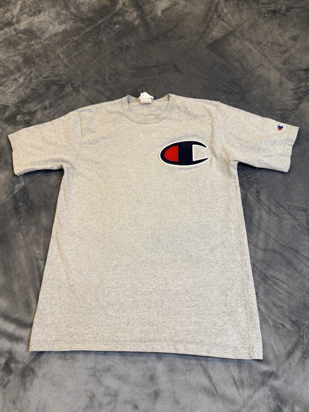 Champion Embroidered Big C Logo Patch T Shirt Men M Retro Vintage Style W/Stain